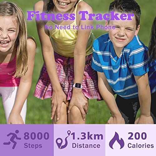 Communicates the fitness tracker's ability to measure and display key activity metrics (steps, distance, calories) to reassure parents and shoppers that the device provides comprehensive activity…