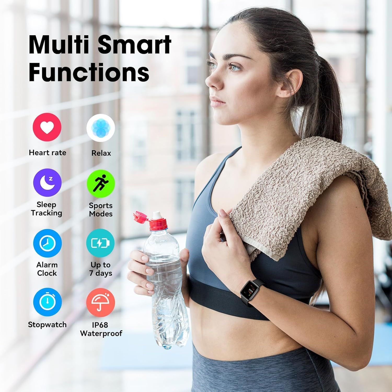 Showcases the smartwatch's comprehensive feature set across health tracking, fitness, utility, and durability to demonstrate its versatility and value as an all-in-one wearable device.