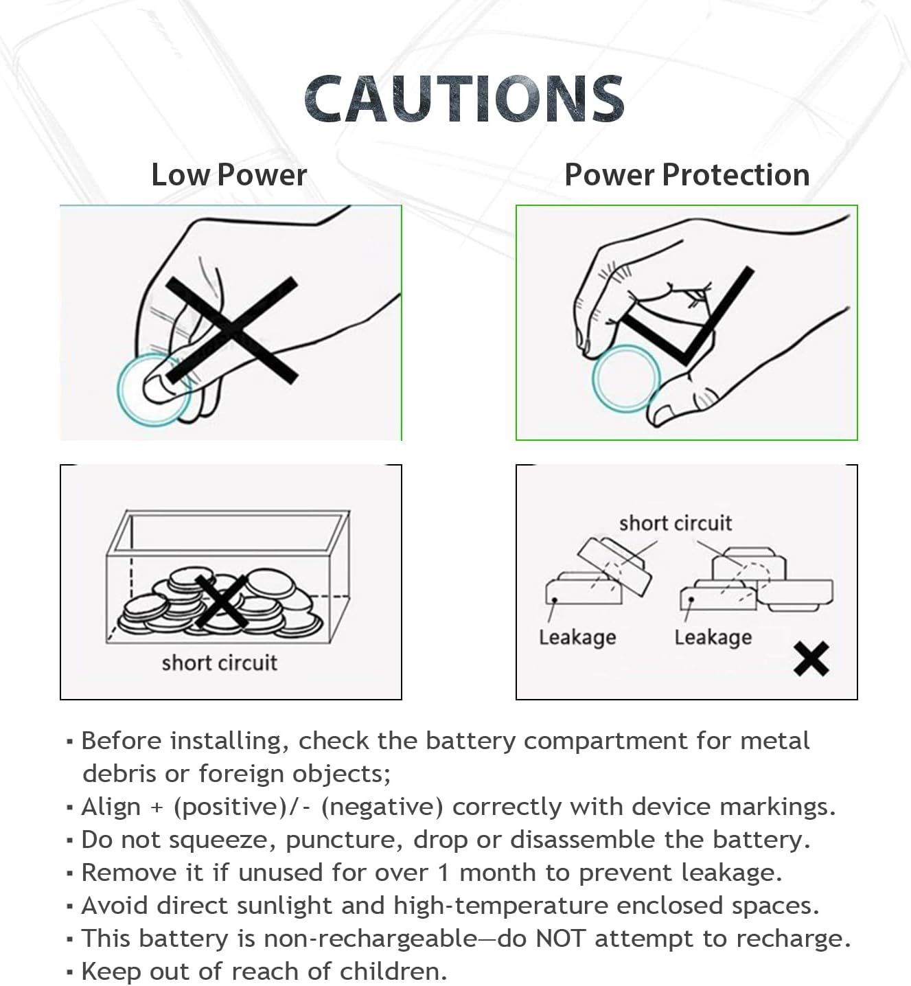 This image communicates critical battery safety warnings and proper handling instructions to prevent hazards like short circuits, leakage, and improper installation, ensuring safe product use.