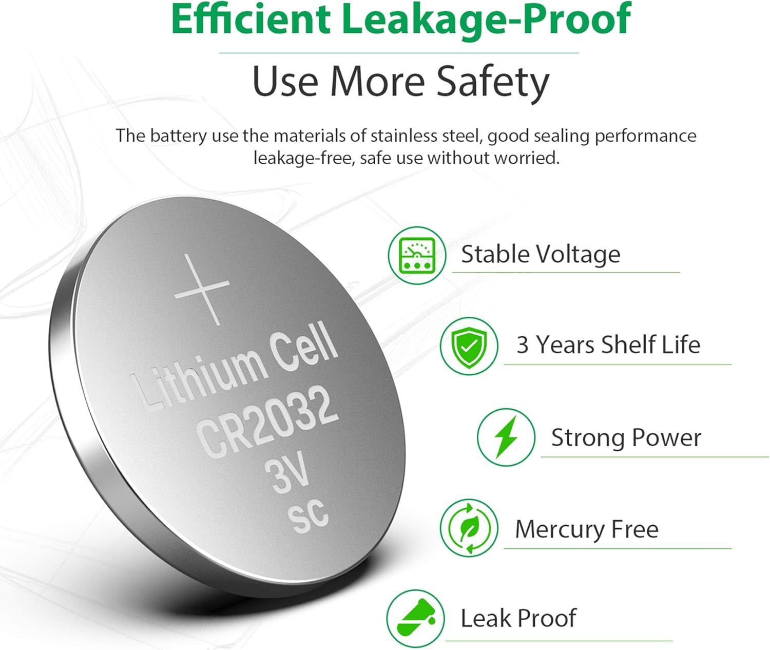 Communicates multiple safety and performance benefits of the lithium battery to reassure shoppers about reliability, longevity, and environmental safety.