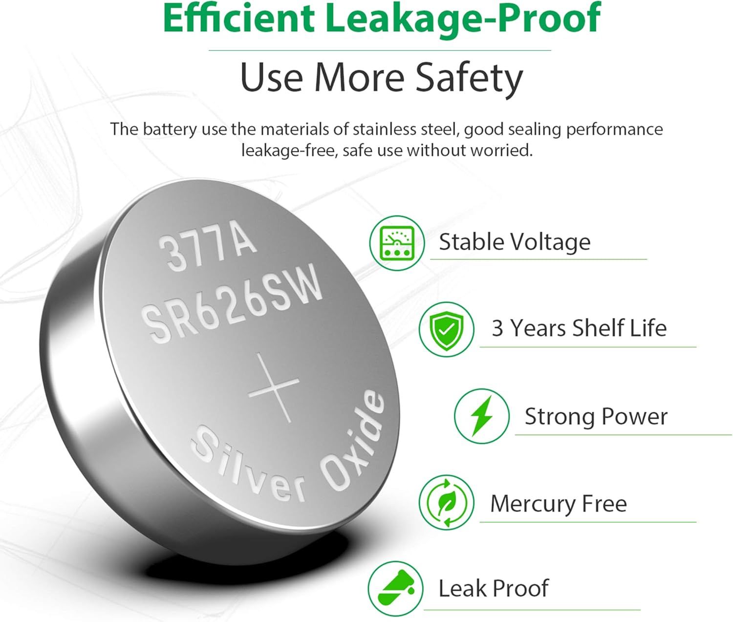 Communicates multiple safety and performance benefits of the battery to reassure shoppers about reliability, longevity, and environmental responsibility.