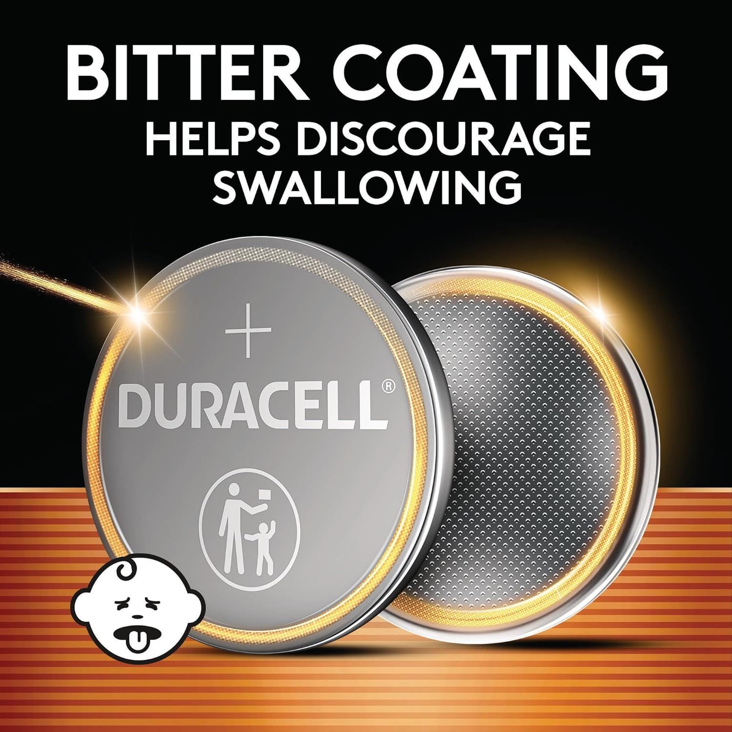 Communicates that the product has a bitter coating designed to discourage children from swallowing the battery, providing safety reassurance to parents and caregivers. Highlights a single key safety…