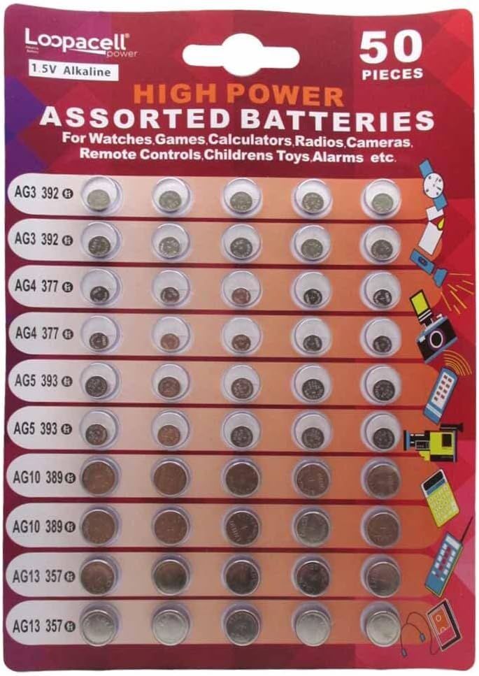 Shows the complete assortment of 50 batteries included in the package, organized by size and type, to help shoppers understand the variety and quantity they will receive.