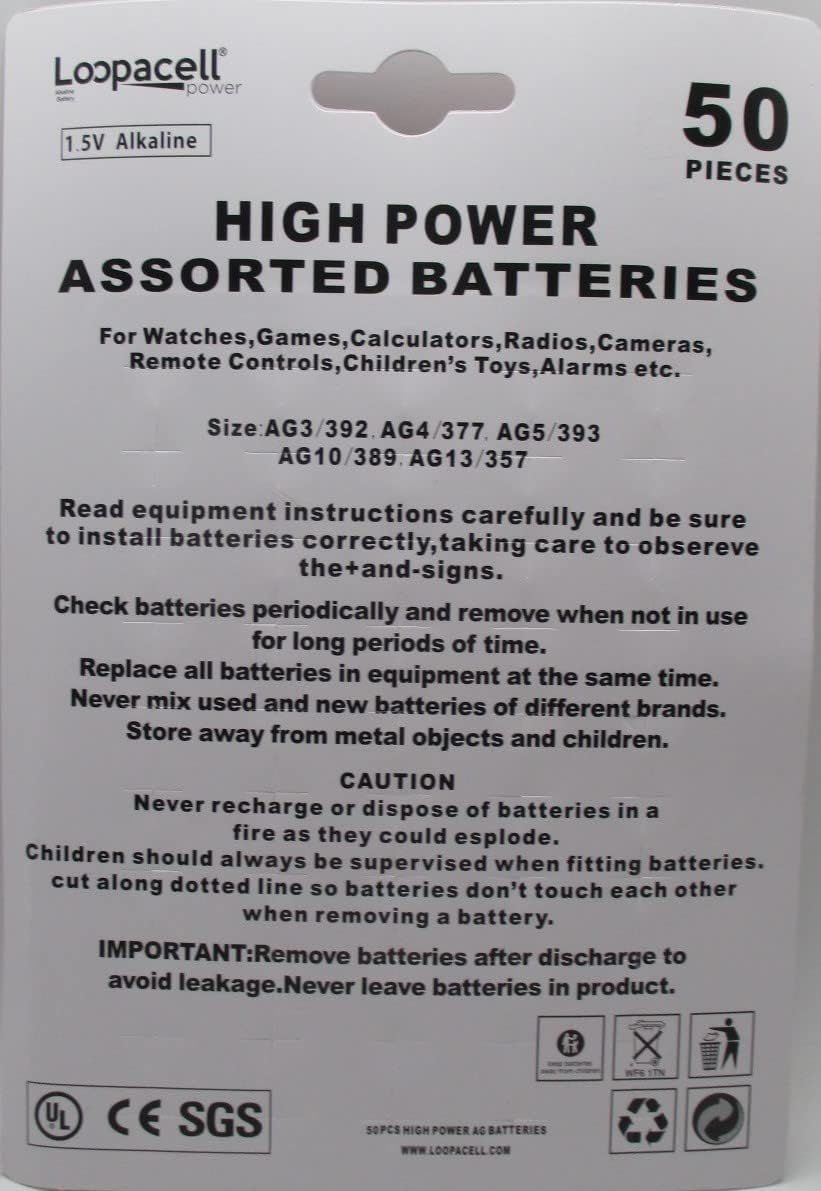 Communicates the quantity and variety of batteries included in the package, showing shoppers they receive an assorted set of 50 batteries in various sizes for different devices.