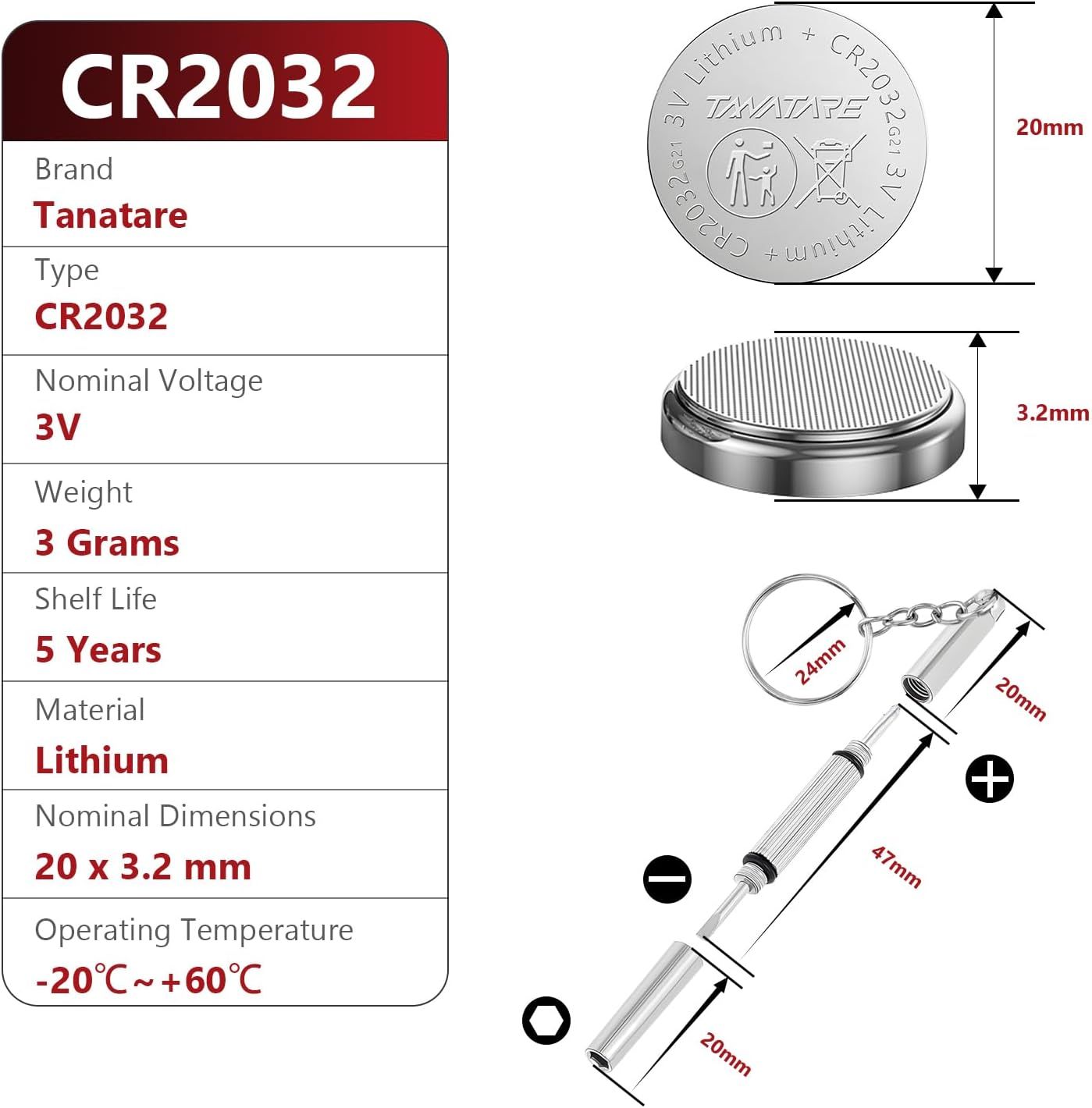 Provides detailed physical specifications including dimensions (20mm x 3.2mm), weight (3 grams), and visual scale references to help shoppers understand the exact size of the CR2032 battery.