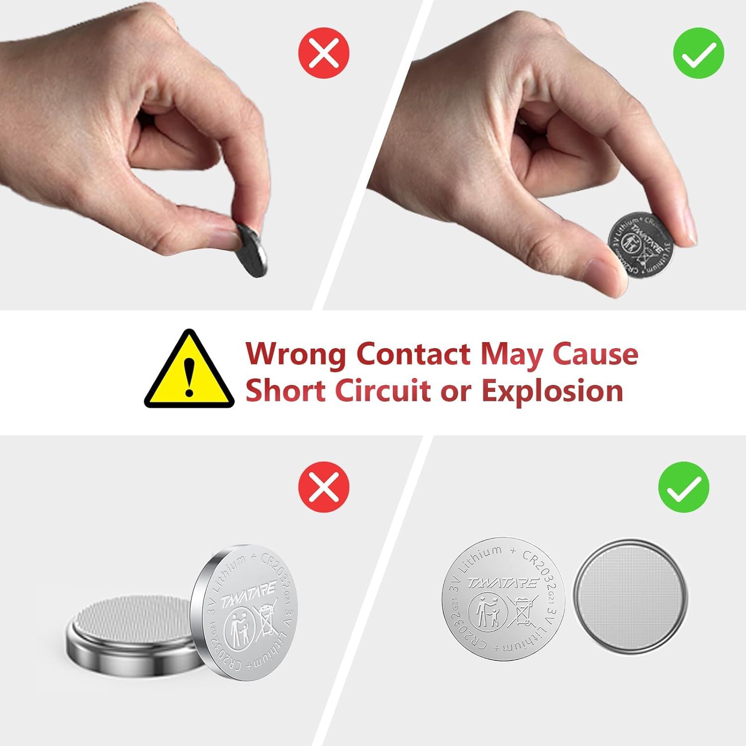 Educates shoppers on the correct way to install button cell batteries to prevent short circuits or explosions, emphasizing safety through proper orientation and handling. Warns shoppers about the…