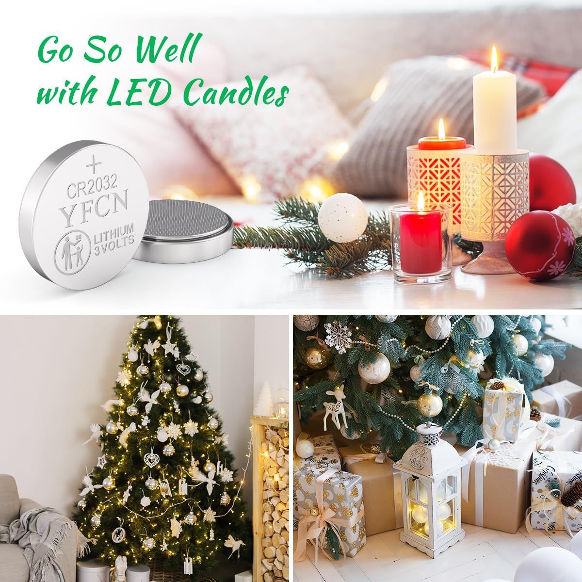 Positions the LED candle batteries as perfect for holiday decorating and gifting, showing their use in festive Christmas settings with candles, trees, and seasonal decor. Demonstrates the product's…