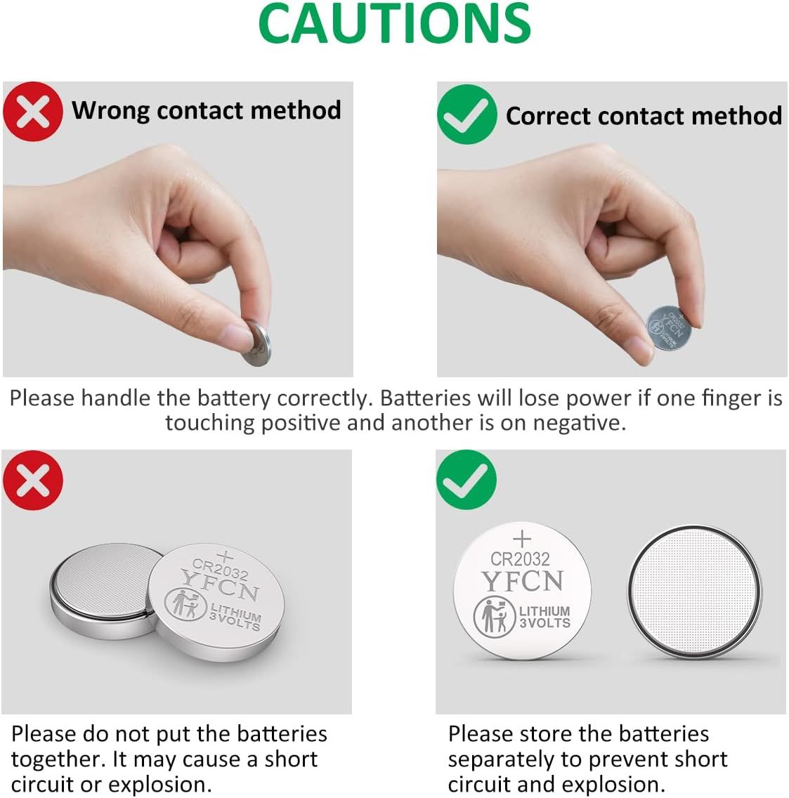 Instructs shoppers on the correct way to handle and store button batteries to prevent short circuits, power loss, and safety hazards.