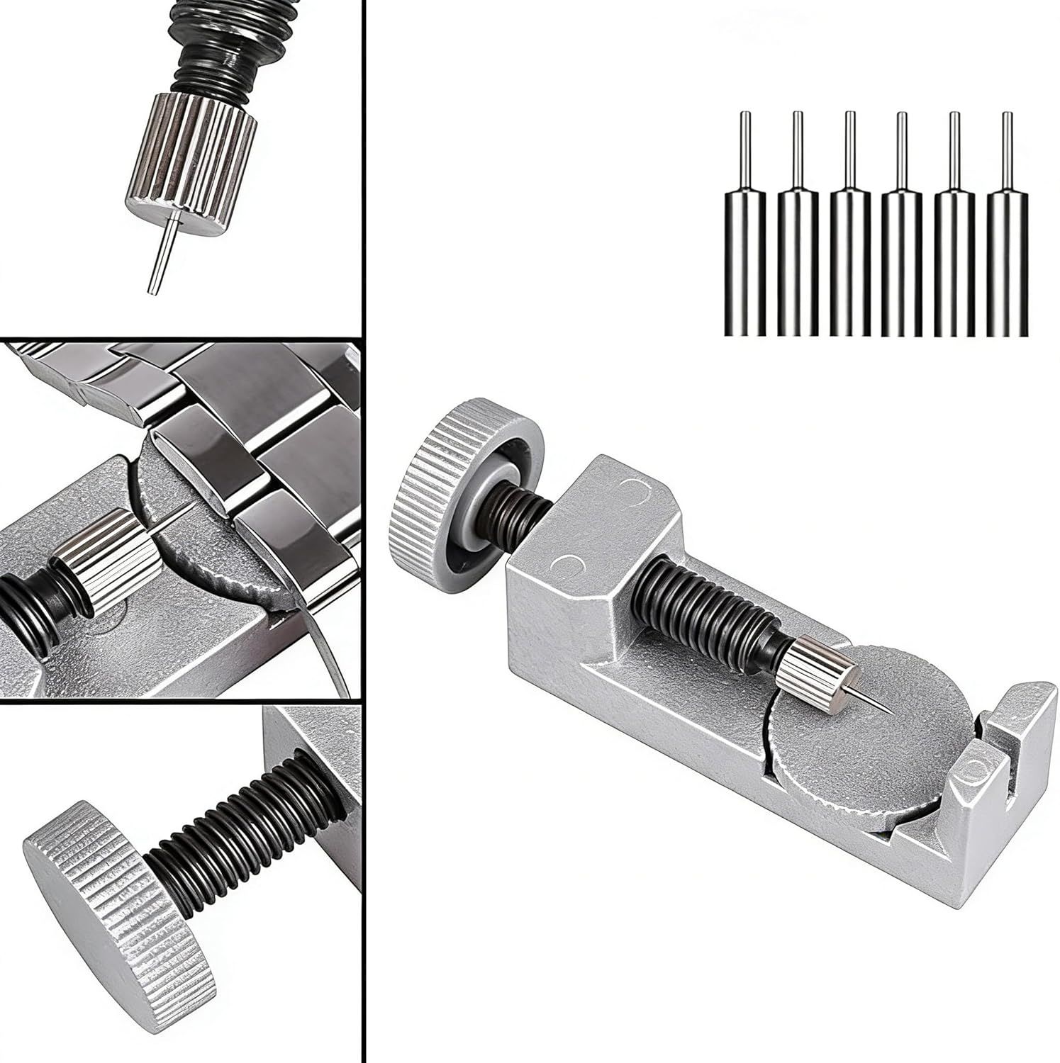 This image breaks down the physical components of a watch band link removal tool, showing the knurled adjustment knobs, pin pusher mechanism, spring-loaded parts, and included pins to help shoppers…