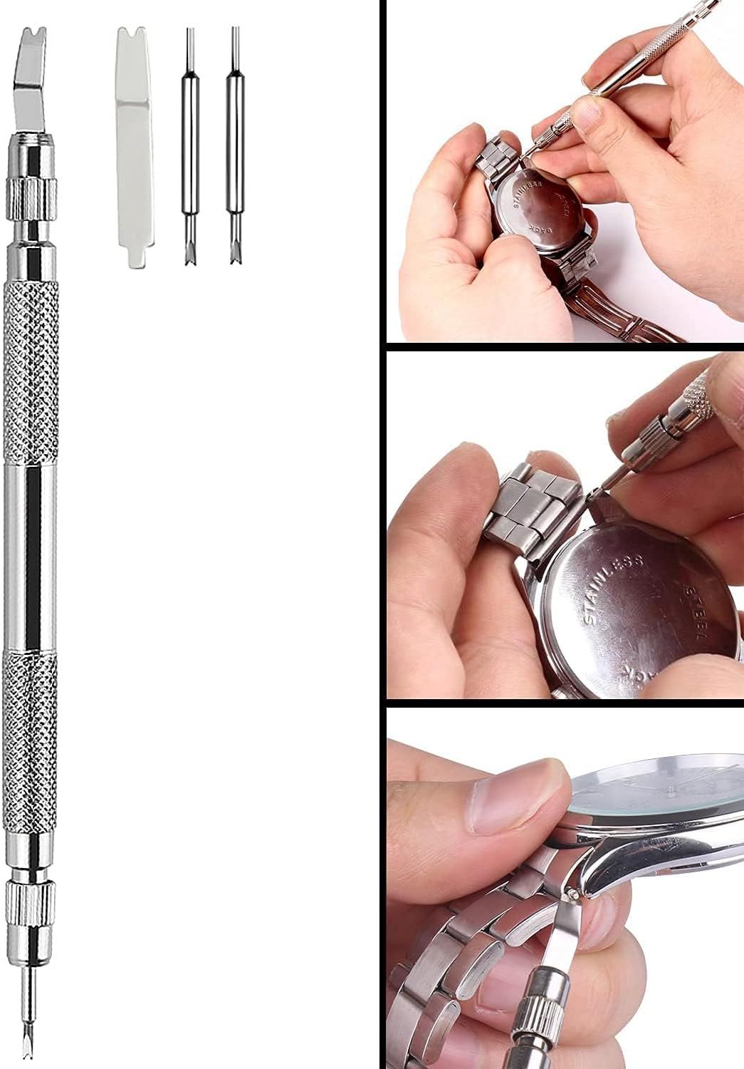 Shows all the components included in the watch repair kit, reassuring shoppers they have everything needed to adjust or repair watch bands. Demonstrates the step-by-step process of using the tool to…