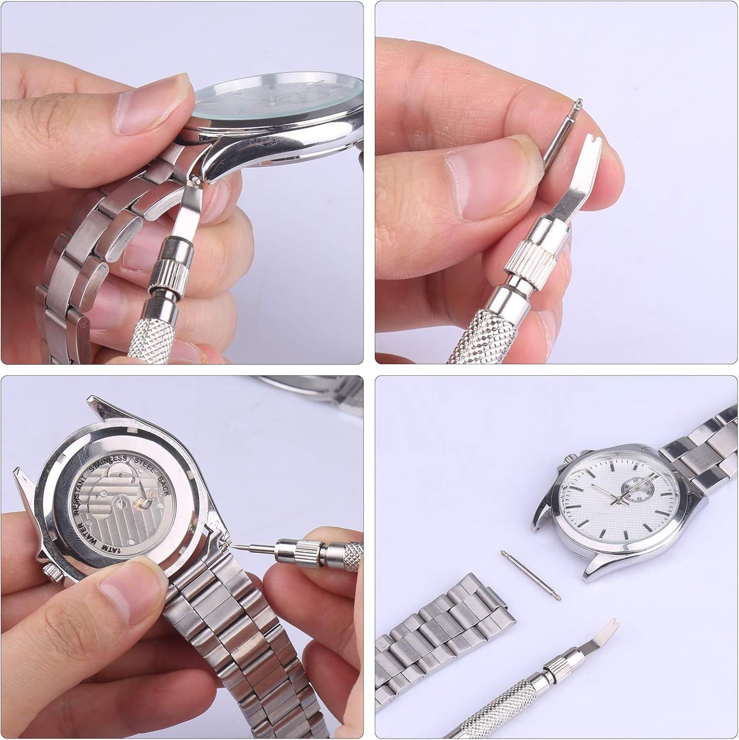 Demonstrates step-by-step how to remove and adjust watch bands using the included tool, reassuring shoppers that the product is easy to use and maintain.