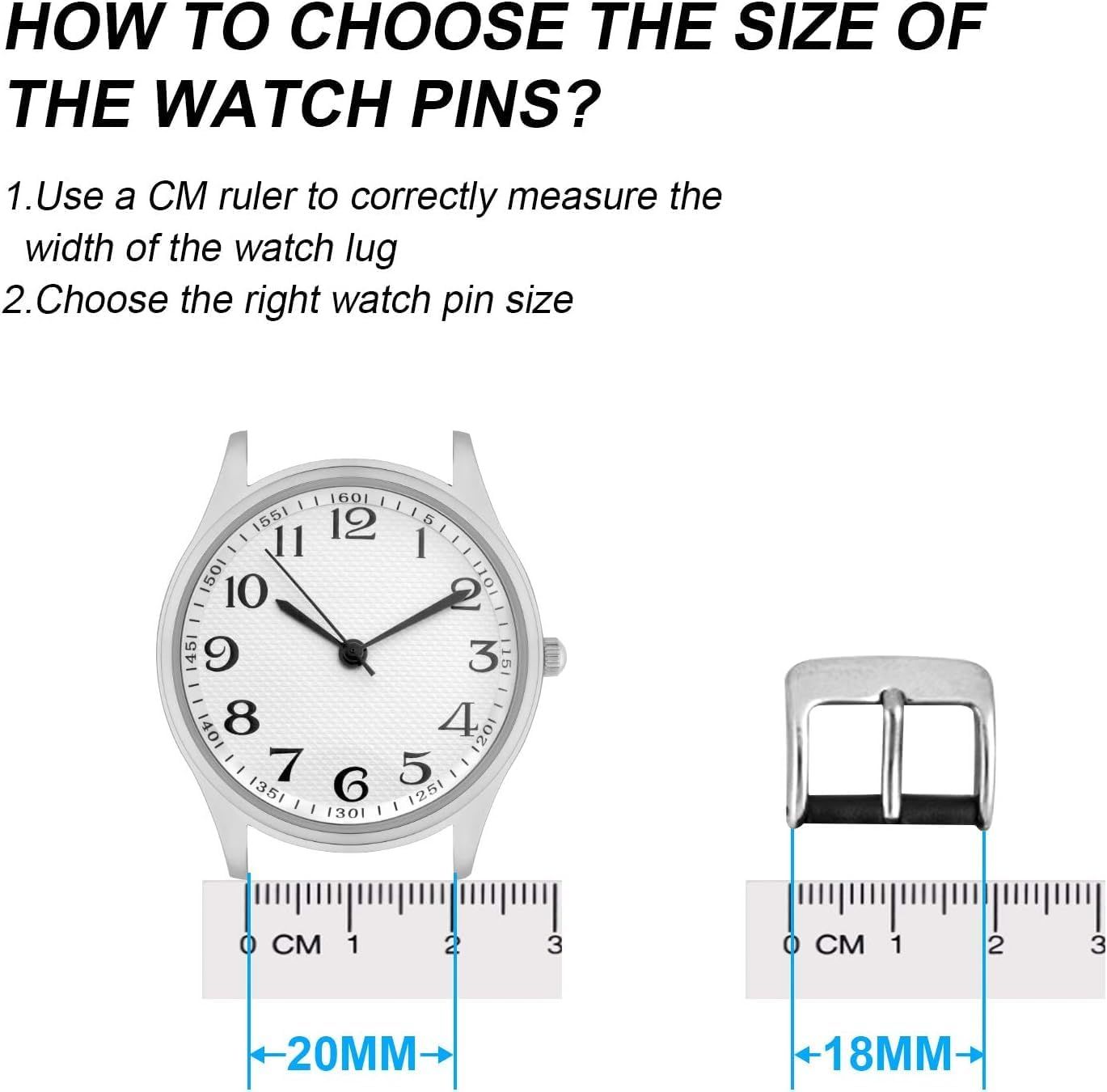 This image teaches shoppers how to measure their watch lug width and choose the correct watch pin size, providing step-by-step visual instructions to ensure proper fit. Communicates the physical…