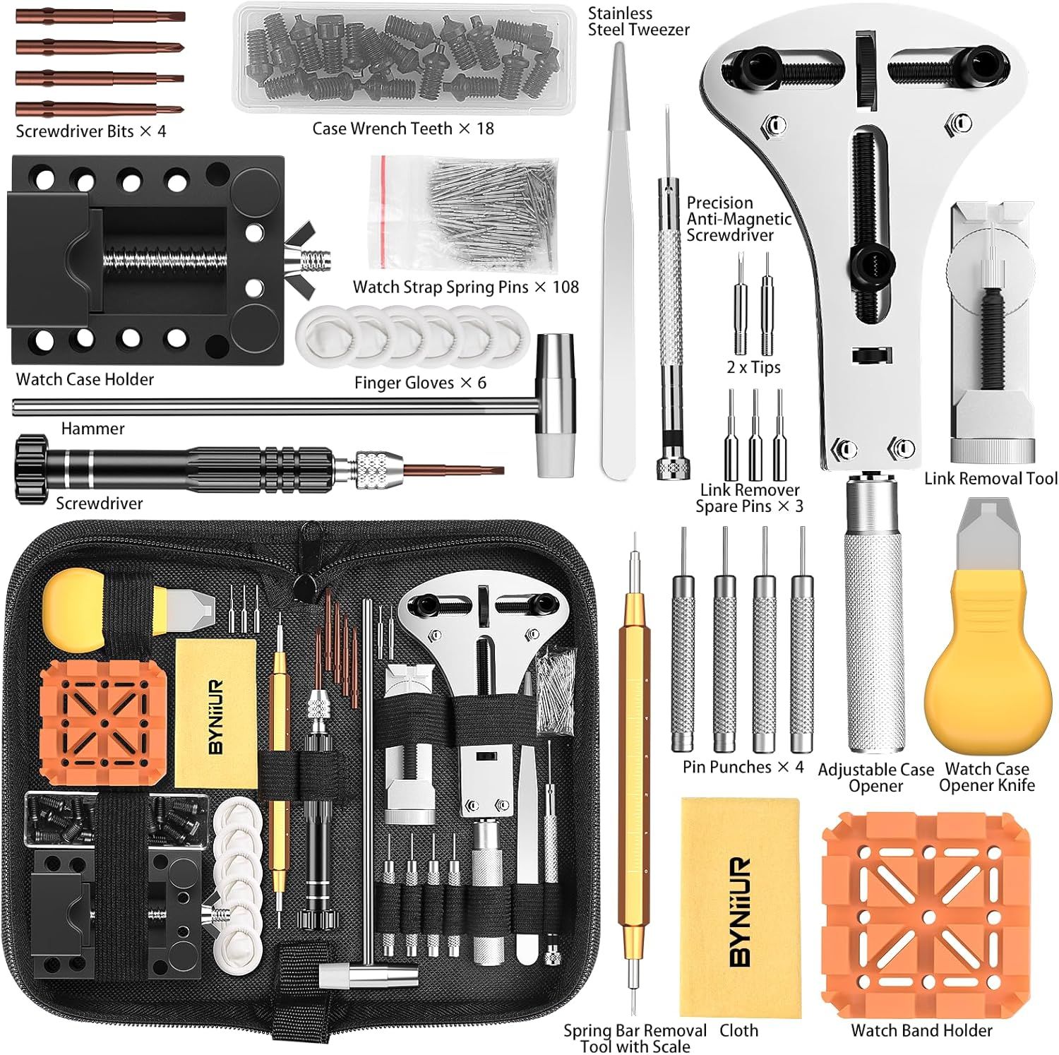Shows the customer everything included in the watch repair kit purchase, demonstrating the comprehensive value and variety of tools they will receive.