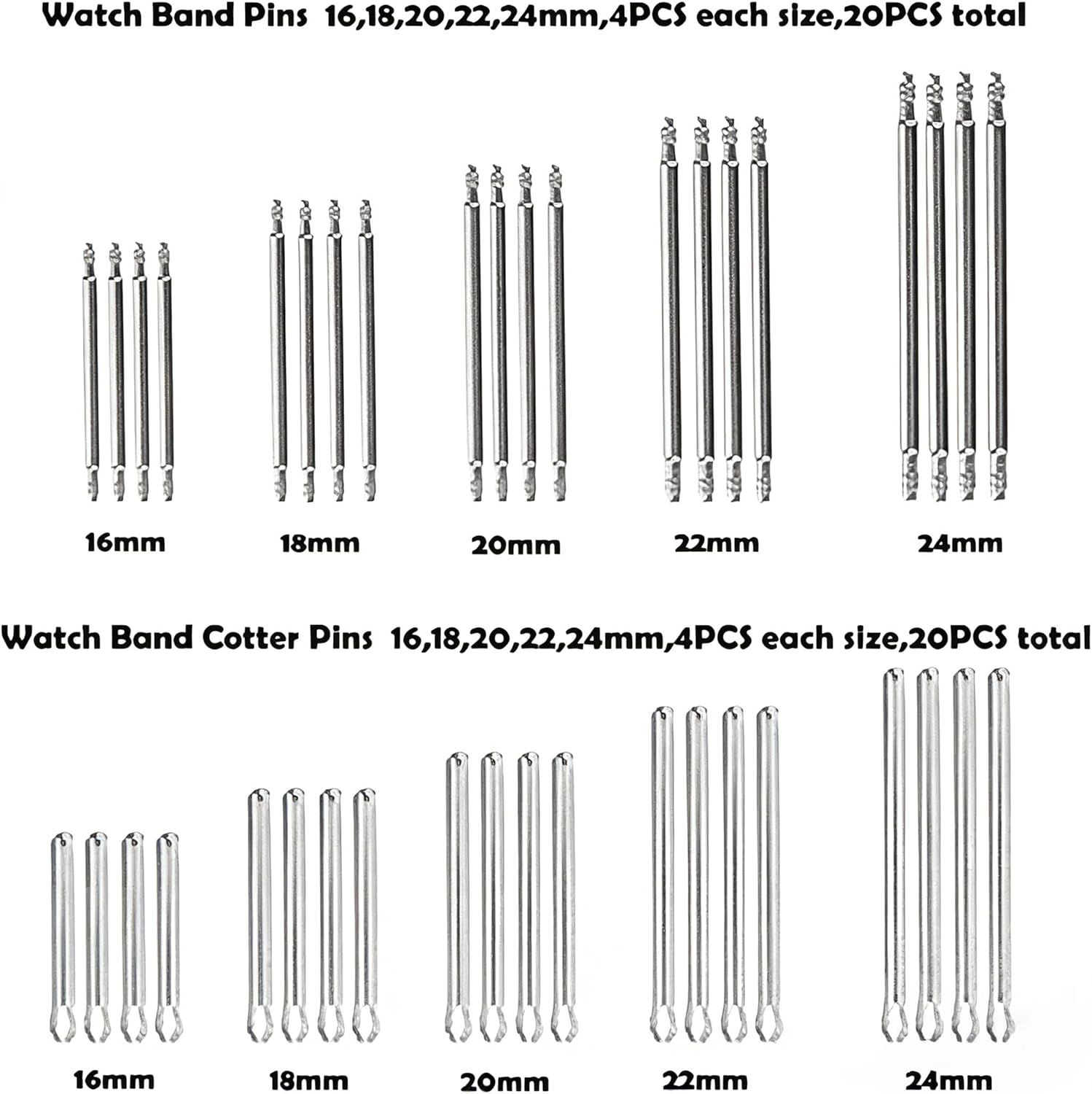 Shows the complete contents of the watch band pin kit, displaying all included sizes (16mm, 18mm, 20mm, 22mm, 24mm) and types (band pins and cotter pins) to help shoppers understand exactly what…
