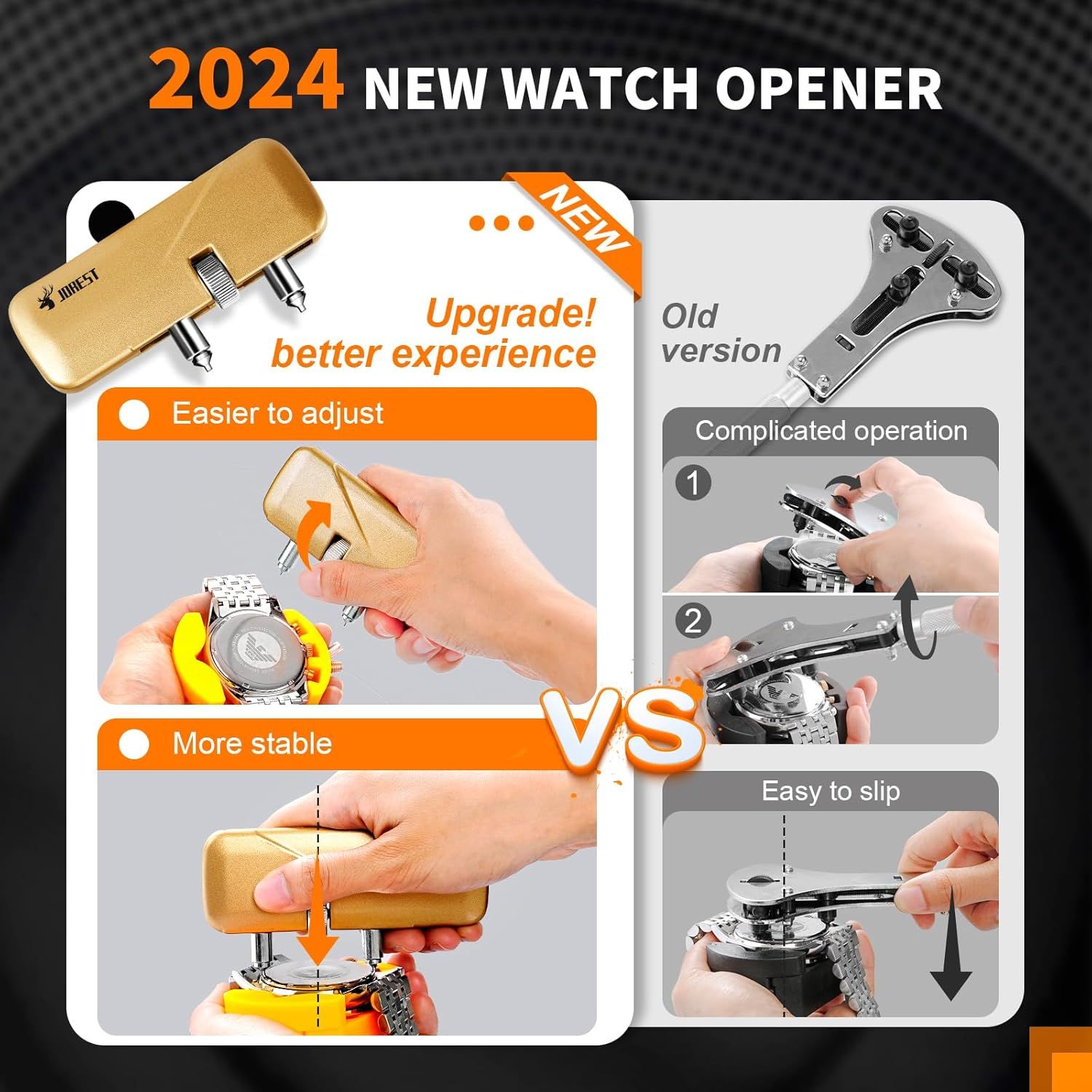 Demonstrates the superiority of the 2024 upgraded watch opener over the old version by showing it's easier to adjust and more stable, while the old version has complicated operation and is prone to…