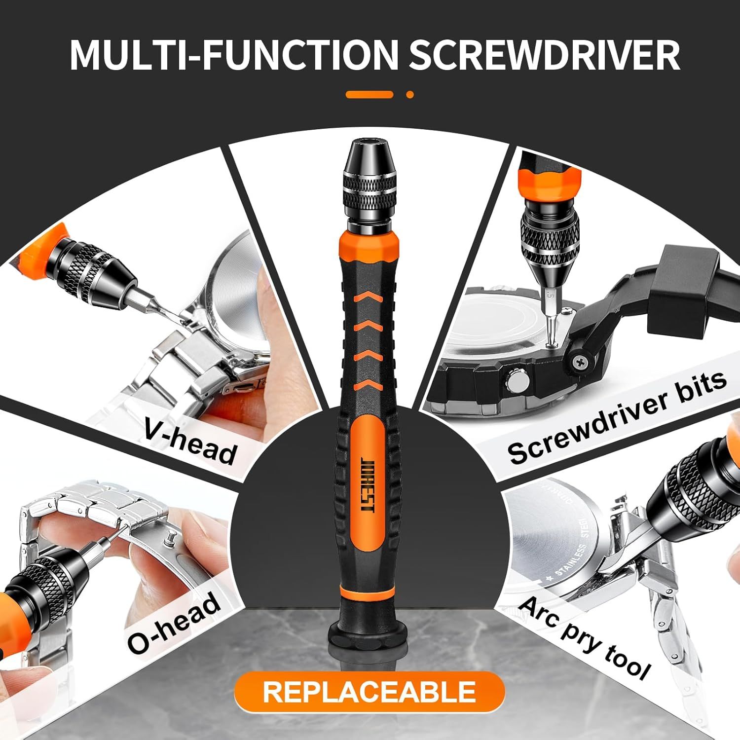 Demonstrates the multiple use cases and versatility of the screwdriver by showing it can be used with different heads and attachments for various tasks.