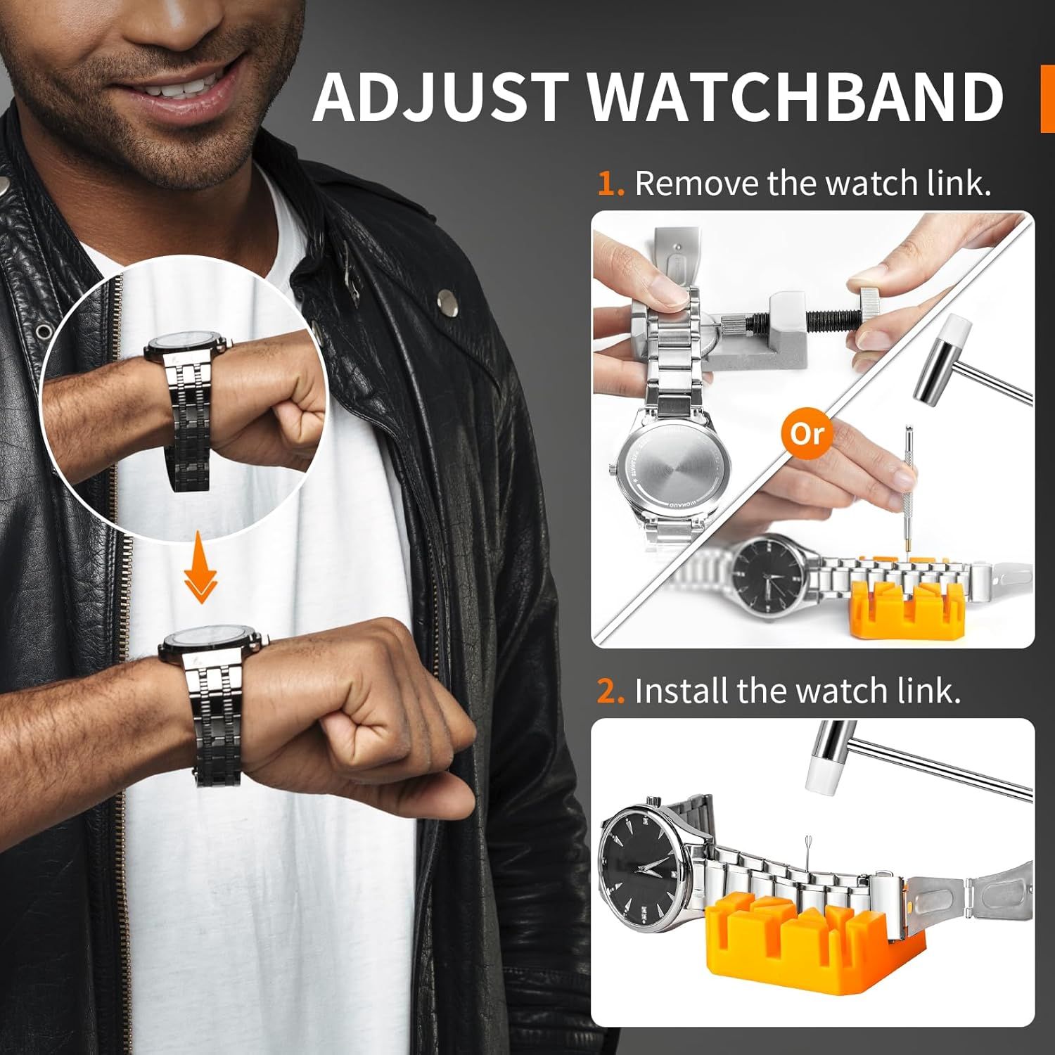 Provides step-by-step instructions on how to adjust the watchband by removing and installing watch links, helping shoppers understand the customization process.