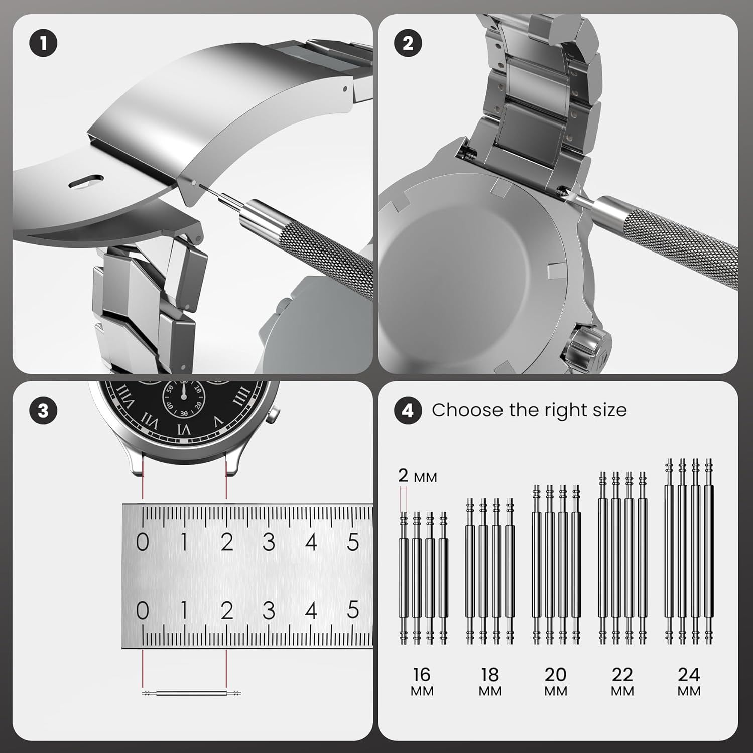 This image provides step-by-step instructions on how to install or replace a watch band, showing the removal process, clasp mechanism, proper sizing measurement, and available size options to help…