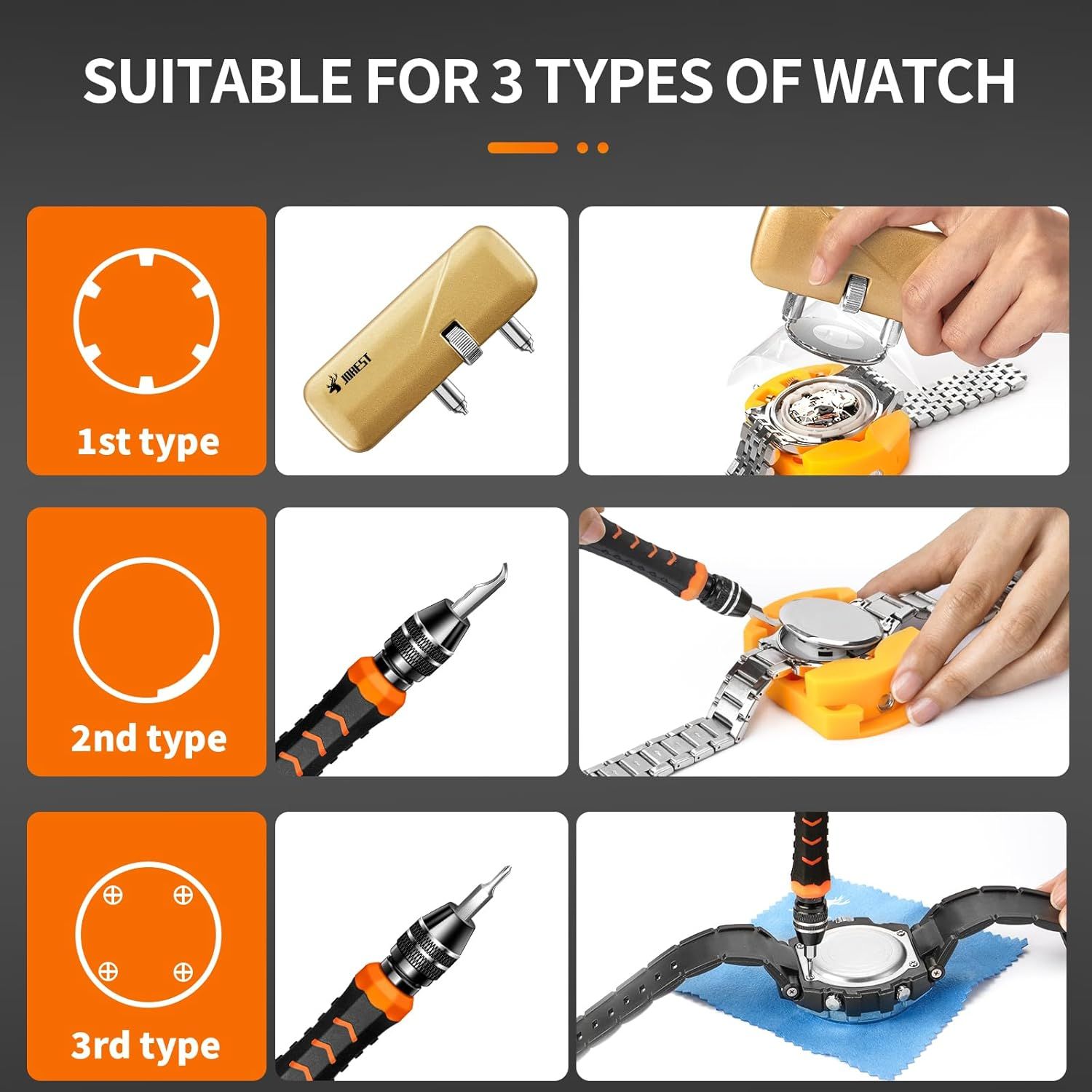 Demonstrates that the watch tool is compatible with three different watch back types, showing shoppers the product's versatility and broad applicability across different watch models. Shows how to…