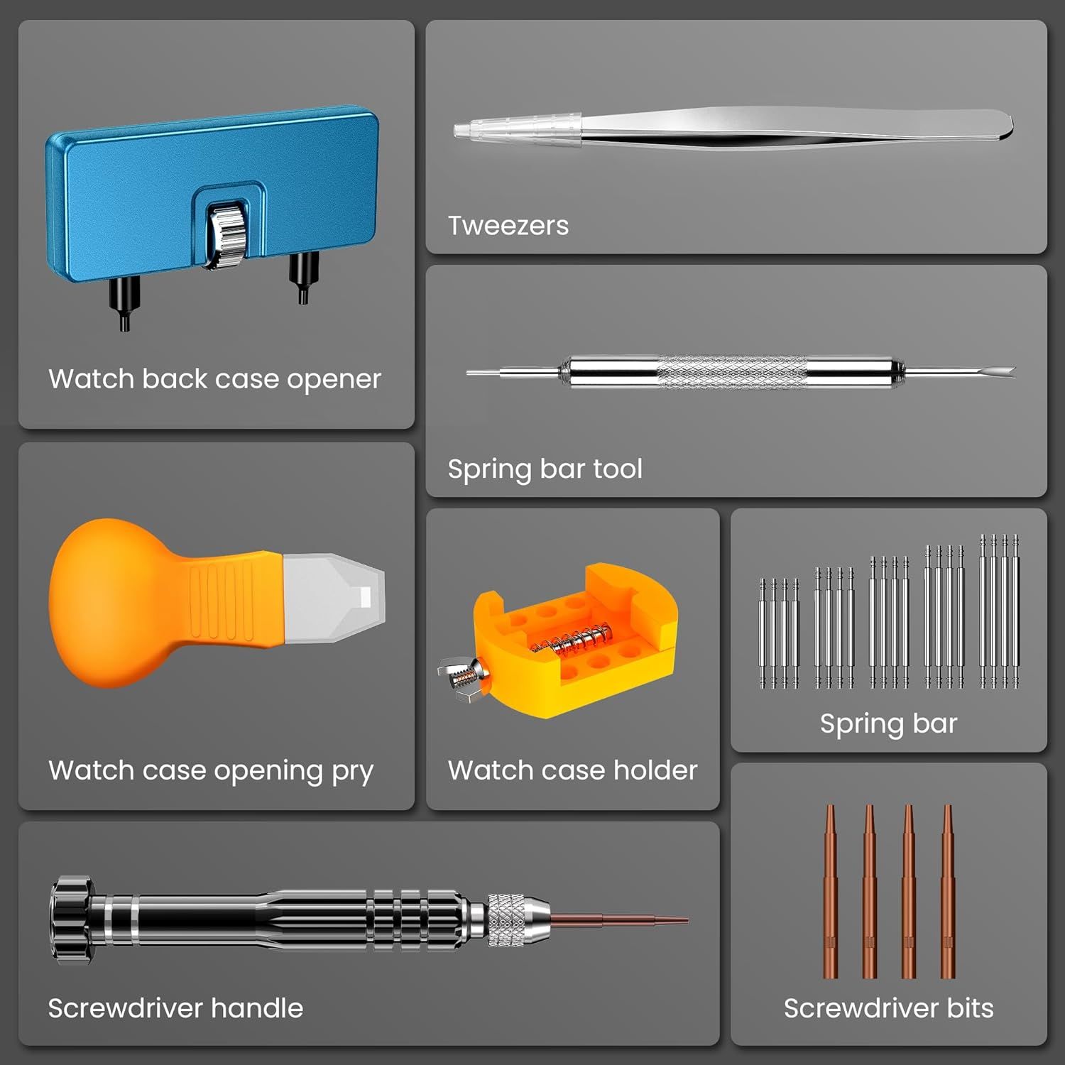 Shows all the tools and accessories included in the watch repair kit to help shoppers understand the complete set they will receive with their purchase.