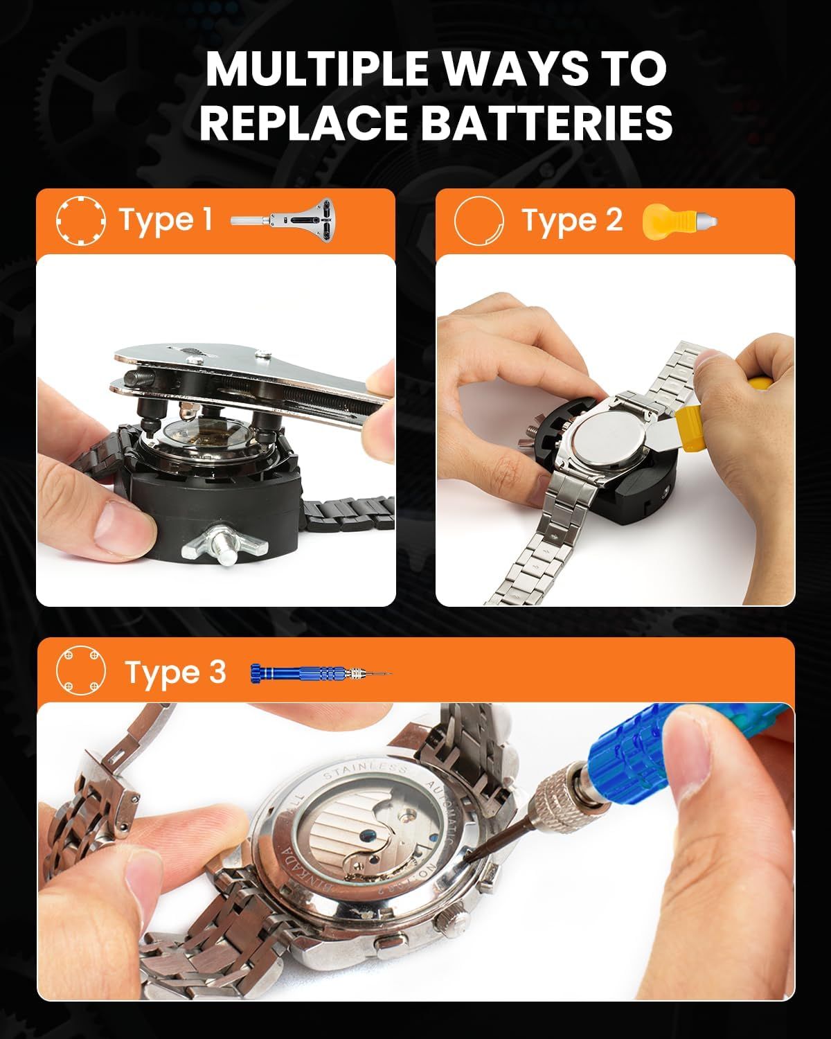 Demonstrates three different methods for replacing watch batteries, educating shoppers on the various techniques they can use depending on their watch type. Shows the product's versatility by…