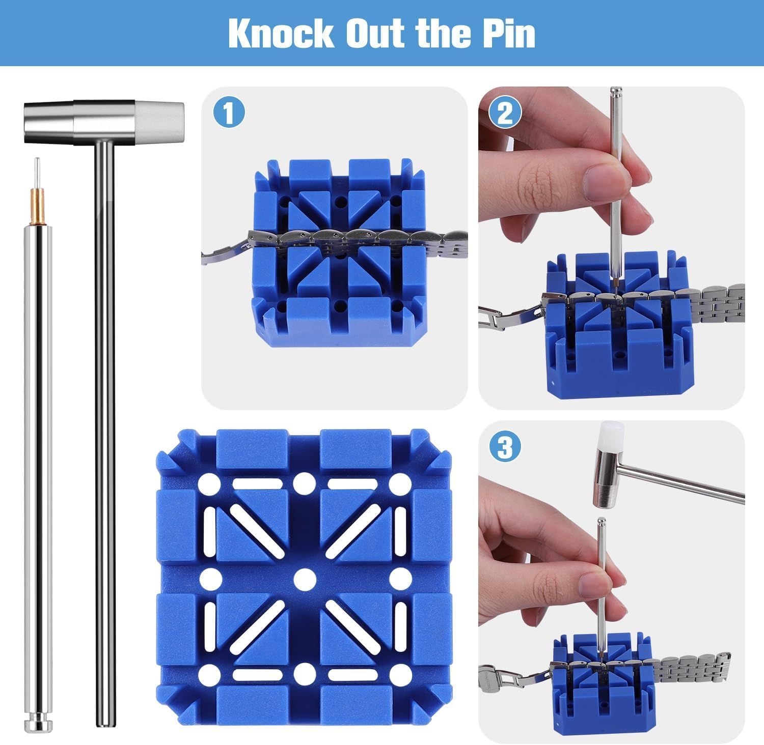 Demonstrates the step-by-step process for using the watch band pin removal tool to adjust or repair watch straps, helping shoppers understand the proper usage technique.