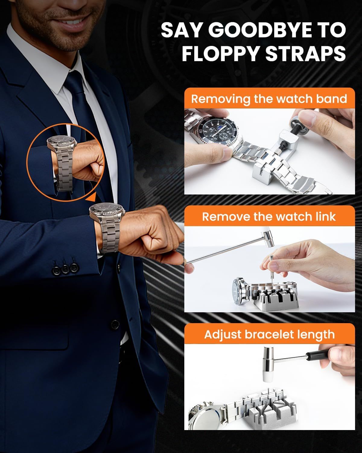 Demonstrates the step-by-step process for adjusting a watch band by removing links to achieve a proper fit, positioning the product as a professional watch adjustment tool.