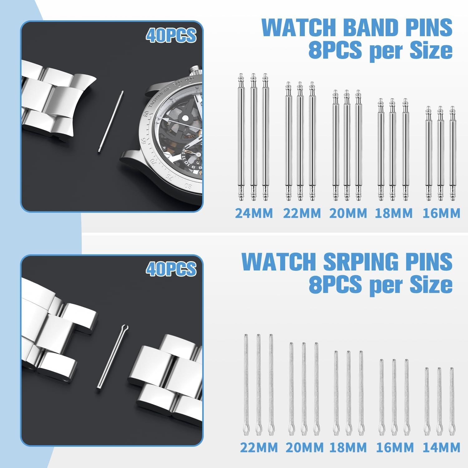 Shows the customer exactly what is included in the purchase: 40 watch band pins in 5 sizes and 40 watch spring pins in 5 sizes, demonstrating the comprehensive kit contents.