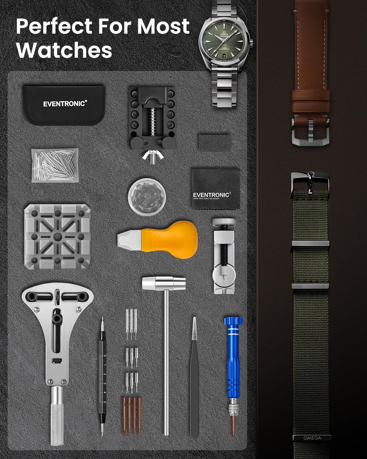 Shows all the tools and accessories included with the watch repair kit, demonstrating the comprehensive nature of the bundle and reassuring shoppers they'll have everything needed for watch…