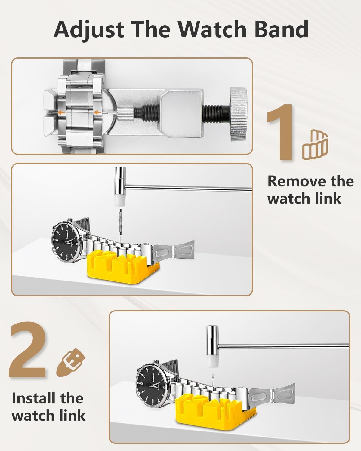 Provides step-by-step instructions on how to adjust a watch band by removing and installing watch links, helping shoppers understand the ease of customizing the fit.