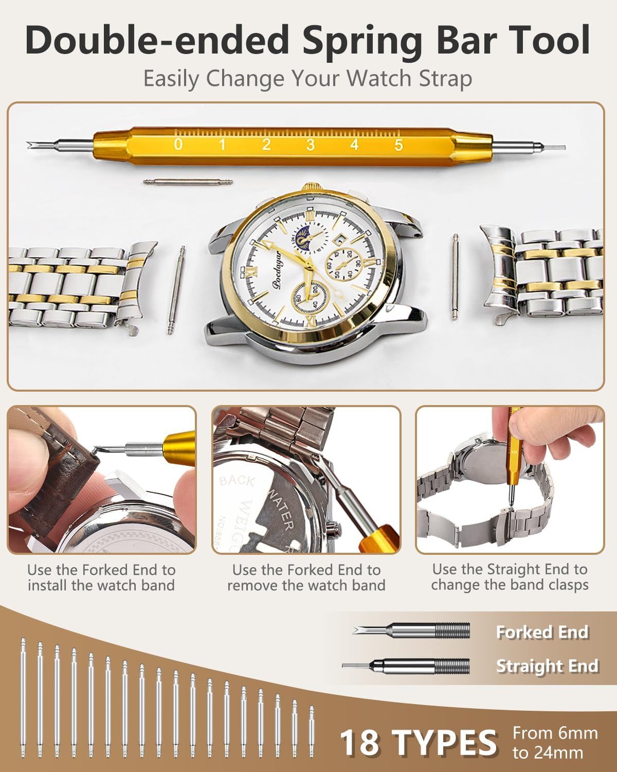 This image demonstrates step-by-step how to use the double-ended spring bar tool to install, remove, and change watch straps, reassuring shoppers that the process is easy and straightforward. Shows…