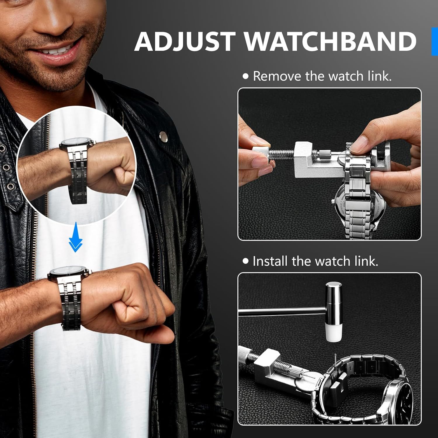 Provides step-by-step instructions on how to adjust the watchband by removing and installing watch links, helping shoppers understand the customization process.