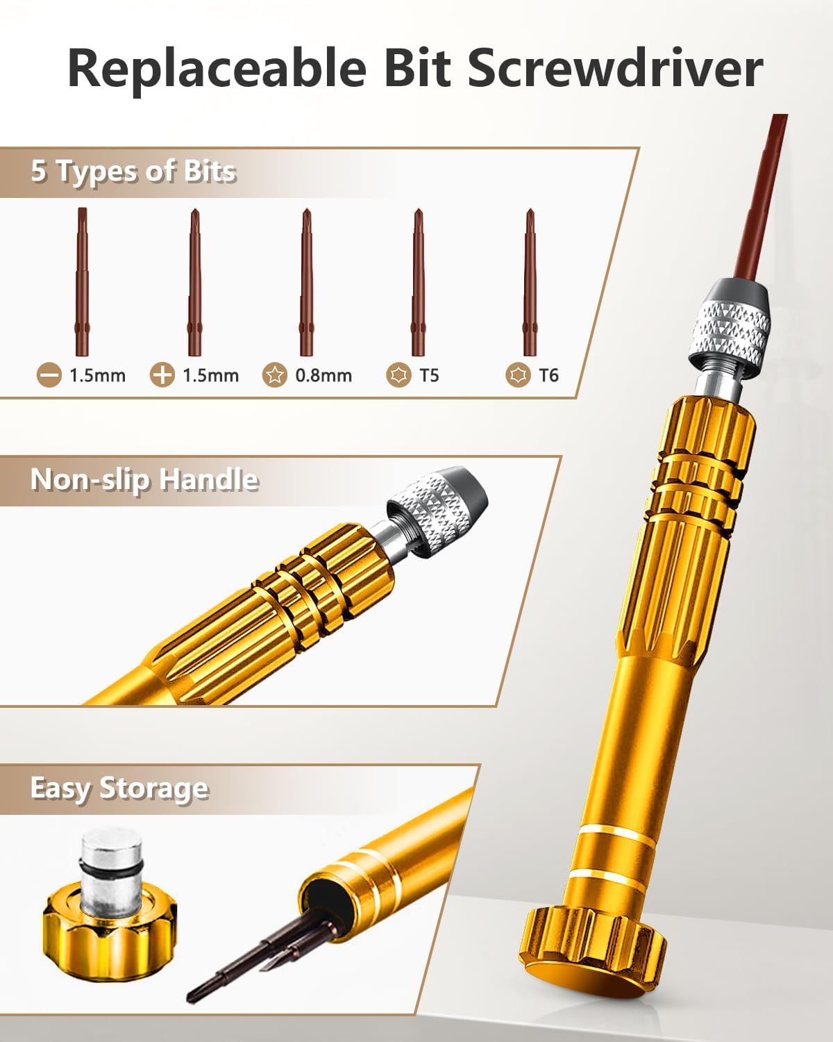 Communicates the versatility and convenience of the screwdriver by highlighting three distinct benefits: multiple bit options for different tasks, ergonomic grip for control, and compact storage…