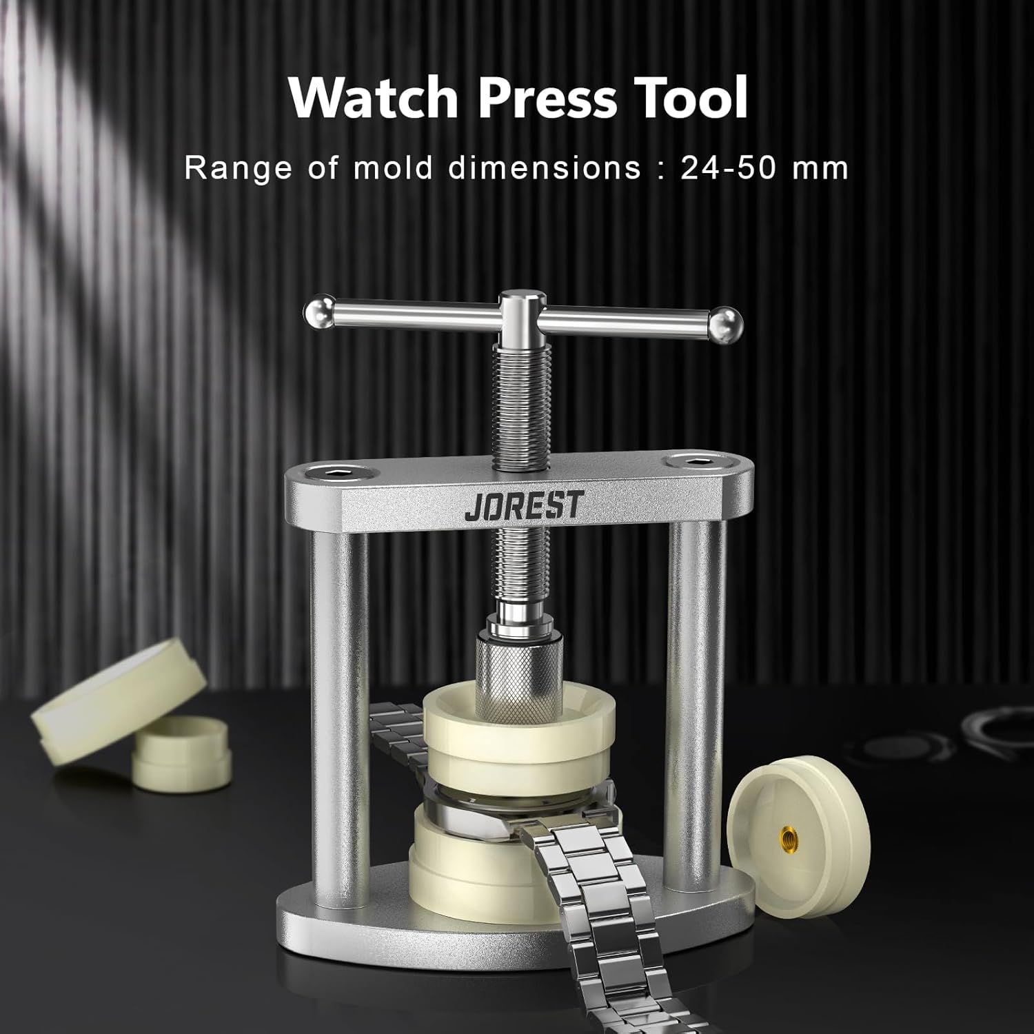 Communicates the range of watch case sizes (24-50mm) that the tool can accommodate, helping shoppers understand the tool's compatibility with different watch sizes. Shows all the components included…