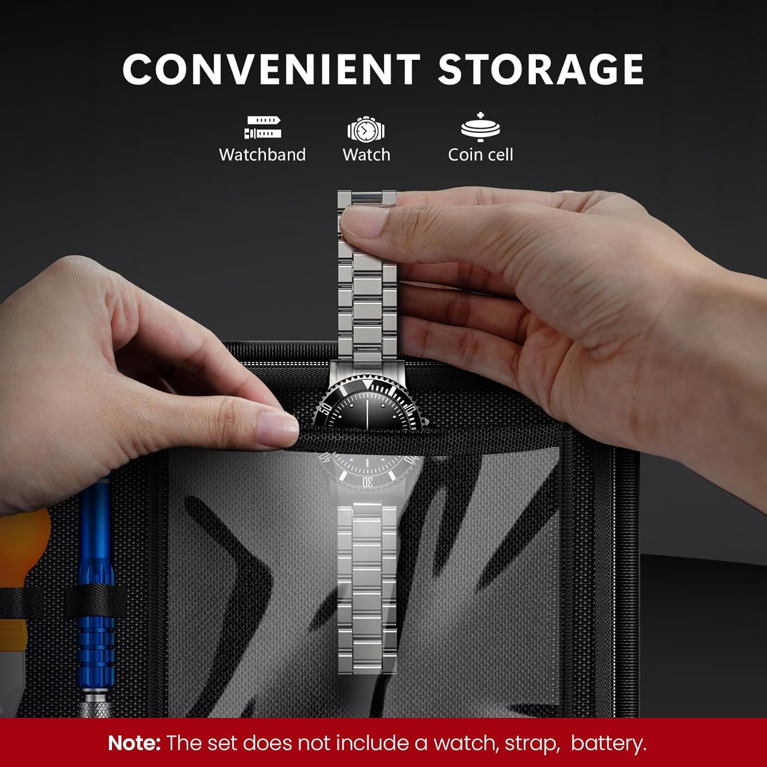 Shows the convenient storage solution included with the product, demonstrating how customers can organize their watch accessories in dedicated compartments.