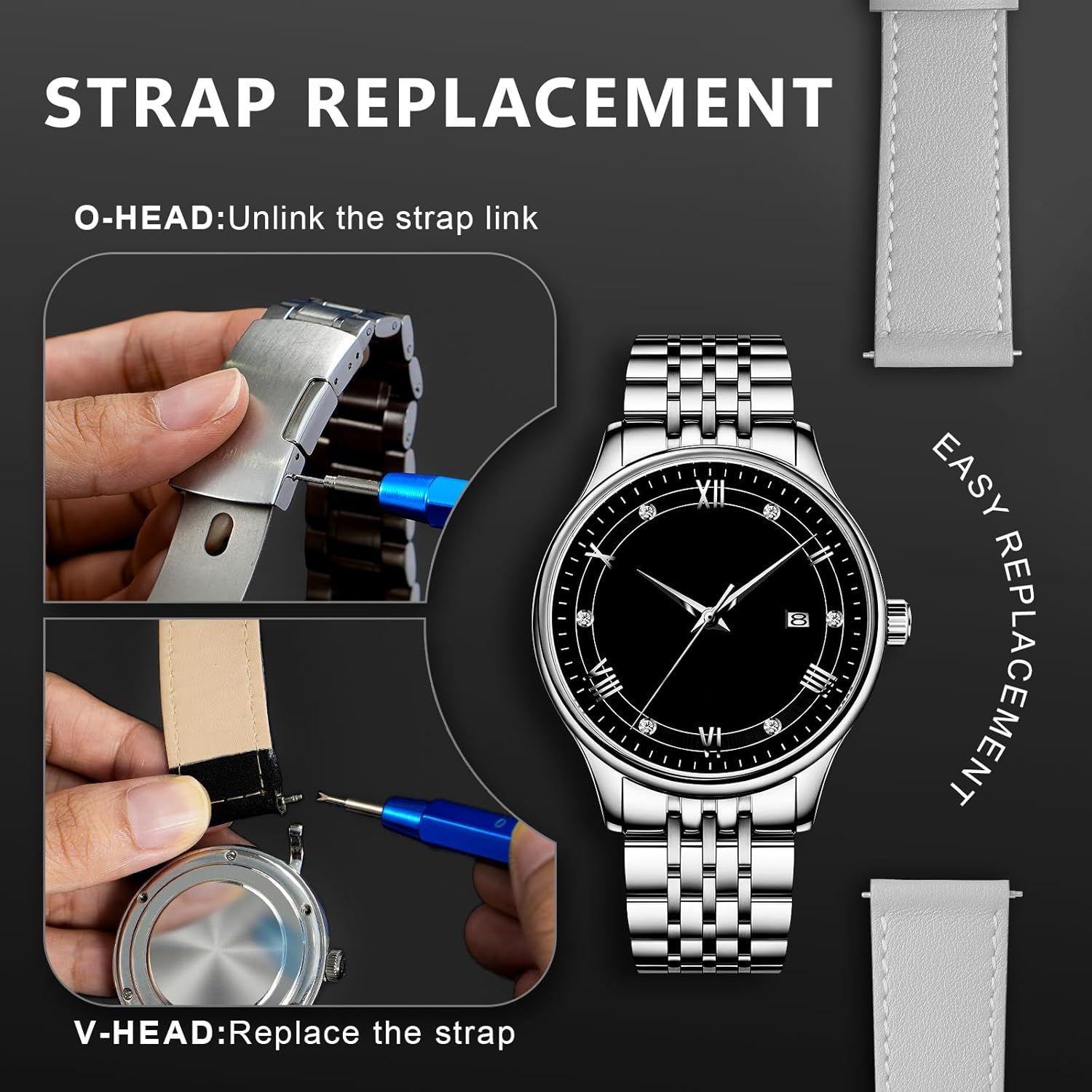 Demonstrates the step-by-step process for replacing a watch strap, reassuring shoppers that the product is easy to customize and maintain.