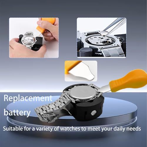 Demonstrates the step-by-step process of replacing a watch battery using the included tool, reassuring shoppers that the task is simple and accessible. Communicates that the tool is suitable for a…