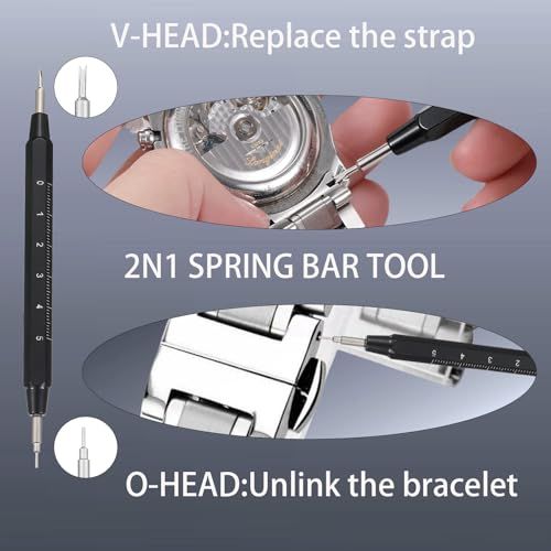 Demonstrates the two different uses of the 2-in-1 spring bar tool (V-head for replacing straps and O-head for unlinking bracelets) to help shoppers understand how to use the tool for watch…
