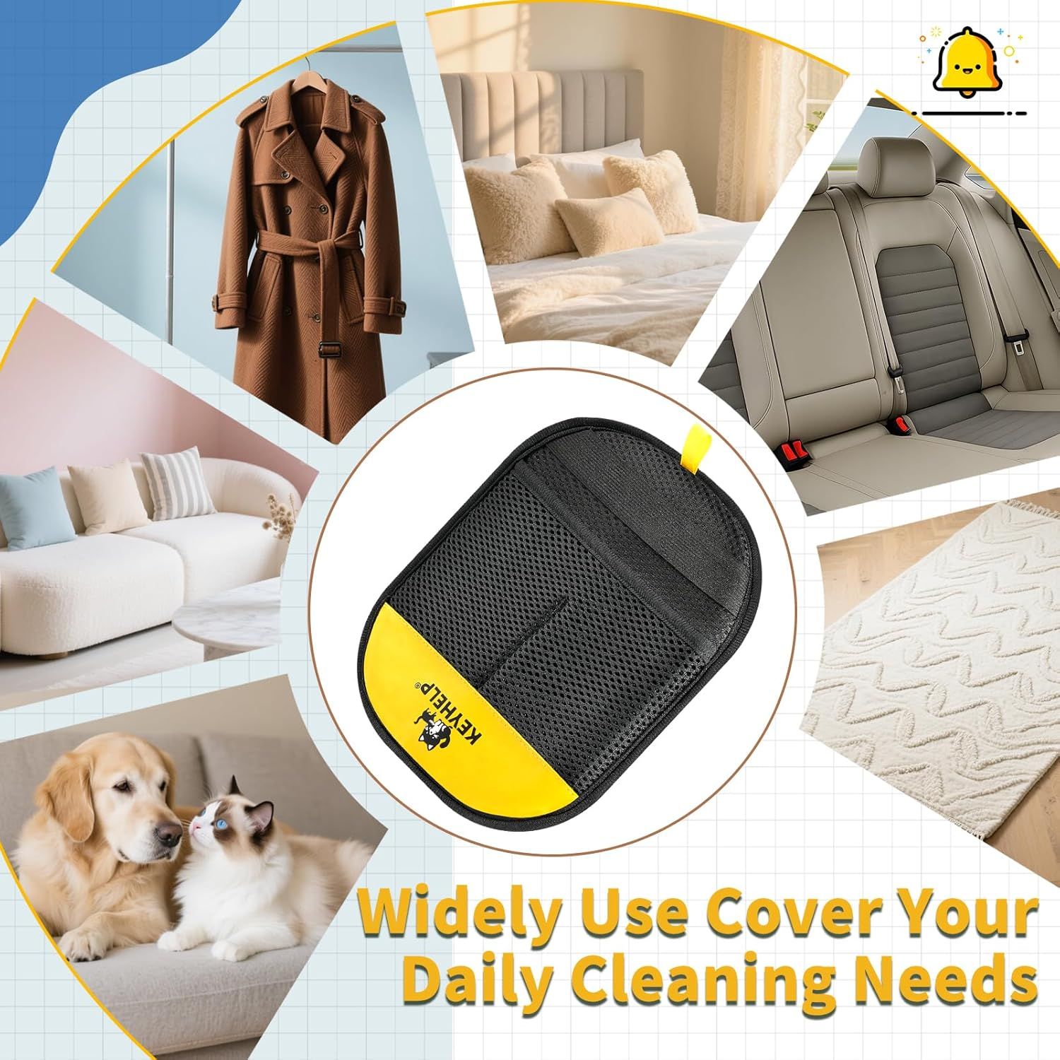 Demonstrates the product's versatility by showing it can be used across multiple environments and surfaces—clothing, bedding, car interiors, furniture, and pet areas—to reassure shoppers it covers…