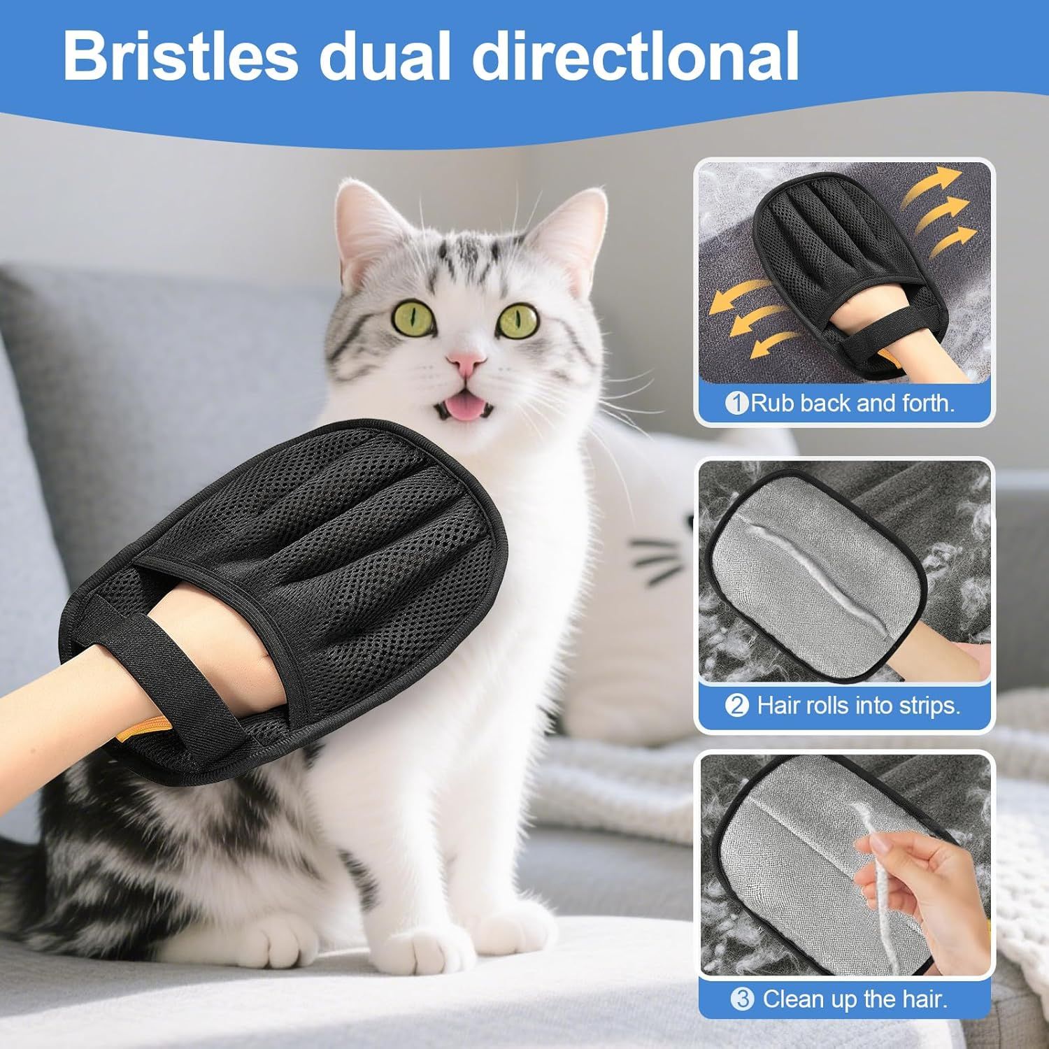 Demonstrates the three-step process for using the pet grooming glove: rubbing back and forth to collect hair, rolling hair into strips, and cleaning up the collected hair. Reassures shoppers that…
