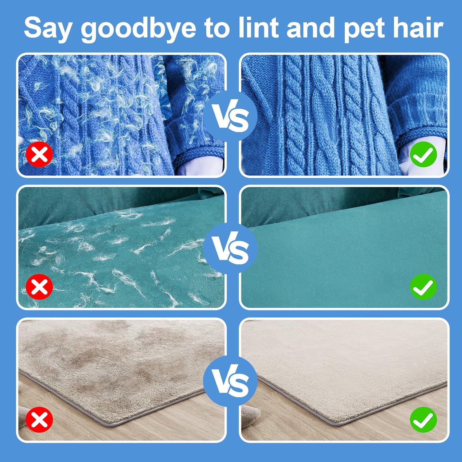 Demonstrates the product's effectiveness at removing lint and pet hair from various fabric surfaces, showing clear before-and-after transformations to prove cleaning results.