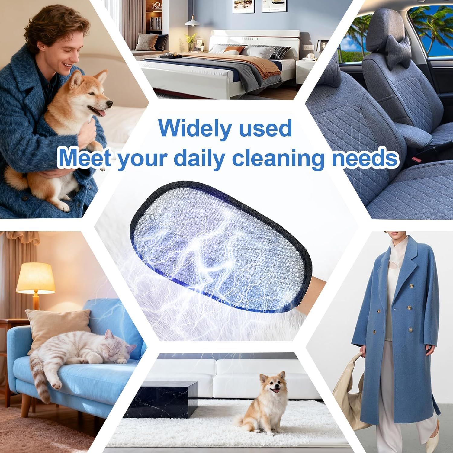 Demonstrates the product's versatility by showing it can be used in multiple environments and scenarios—cleaning pet hair, bedding, car seats, furniture, and clothing—to reassure shoppers it meets…