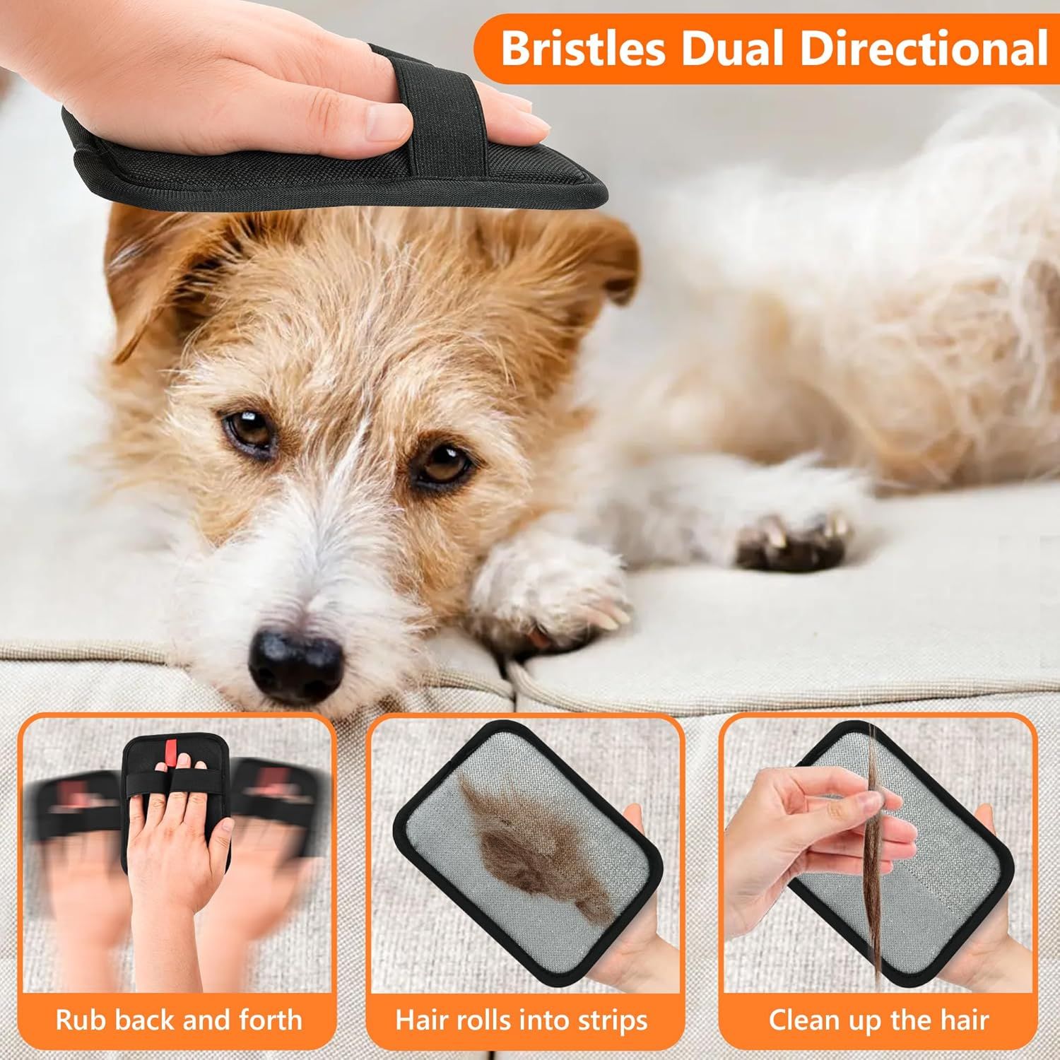 Demonstrates the three-step process for using the grooming brush to remove pet hair: rub back and forth, hair rolls into strips, and clean up the hair. This reassures shoppers that the product is…