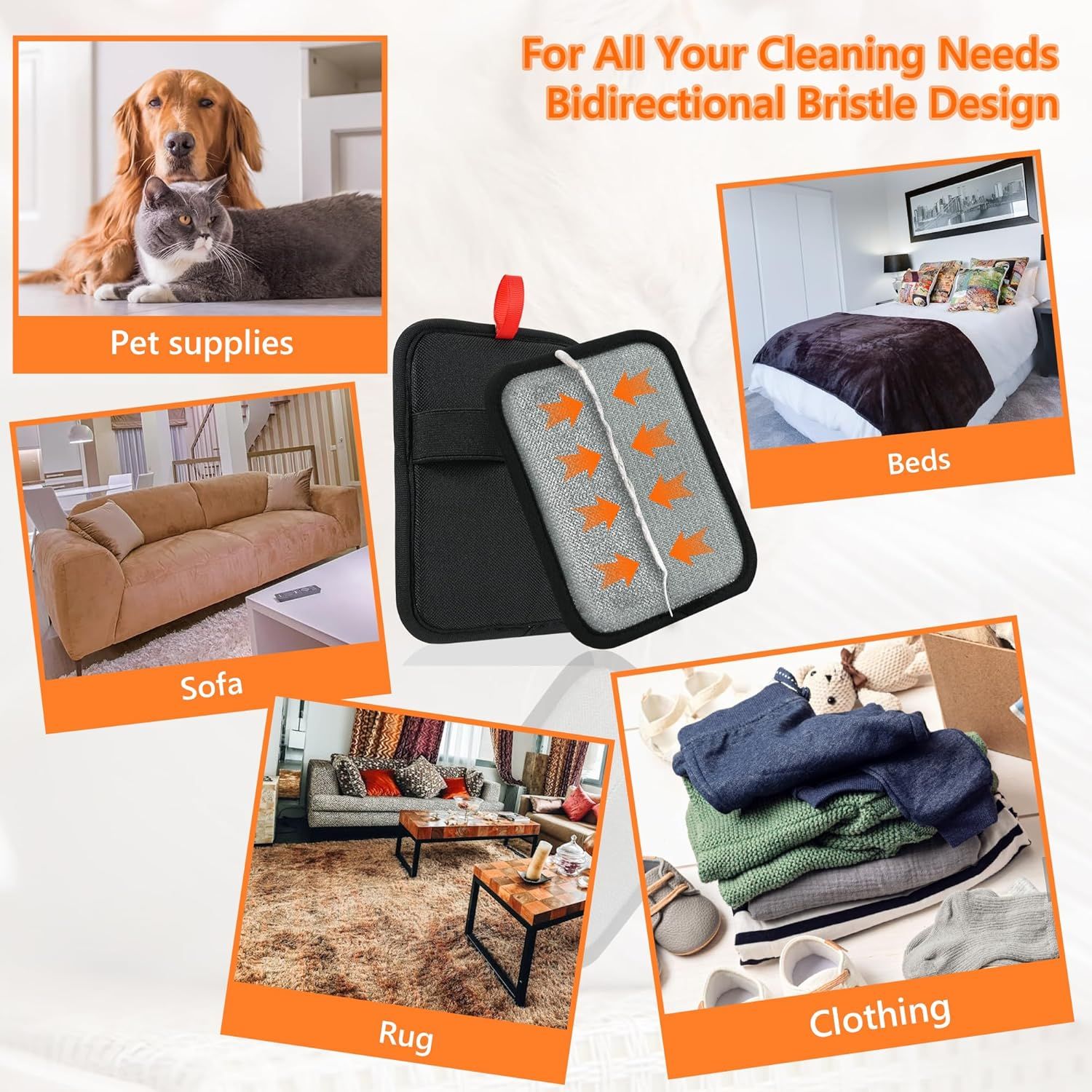 Demonstrates the product's versatility by showing it can be used across multiple cleaning scenarios including pet supplies, sofas, beds, rugs, and clothing, reassuring shoppers of its wide-ranging…