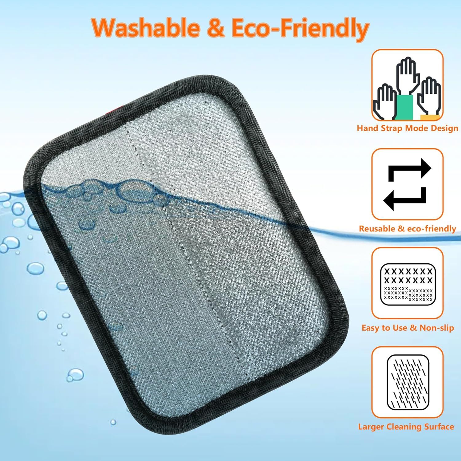 Communicates multiple distinct benefits of the cleaning sponge including its eco-friendly washable design, ergonomic hand strap, reusability, non-slip texture, and large cleaning surface to convince…
