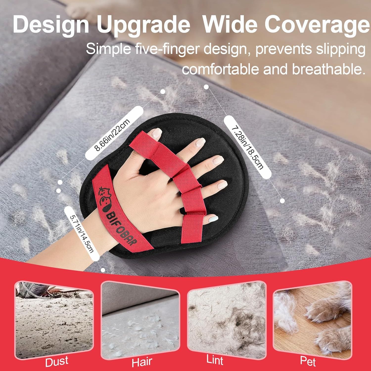 Highlights the physical design features and dimensions of the product, showing the five-finger grip system, size measurements, and coverage area to help shoppers understand the product's…