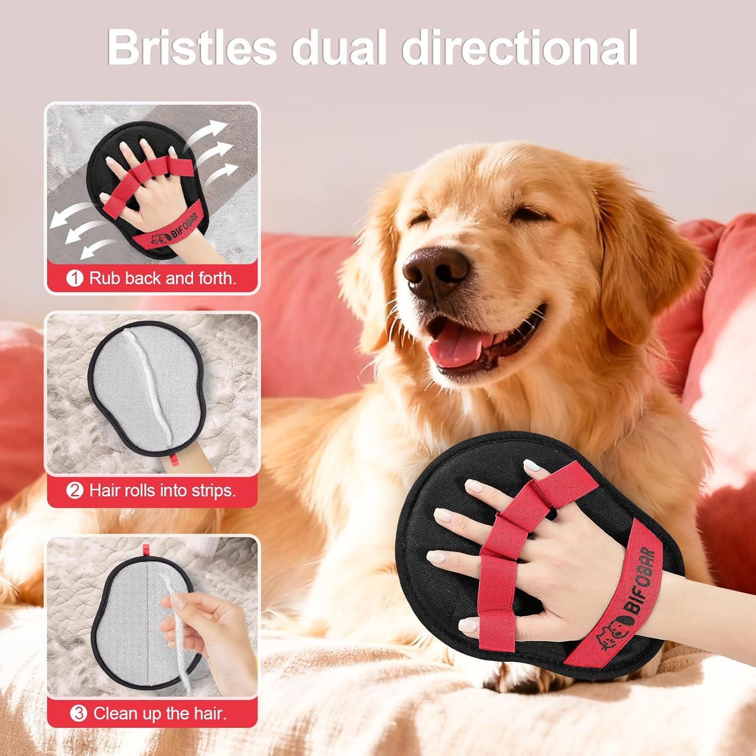 Demonstrates the 3-step process for using the pet grooming mitt: rub back and forth to collect hair, watch hair roll into strips, and clean up collected hair. Reassures shoppers that the product is…