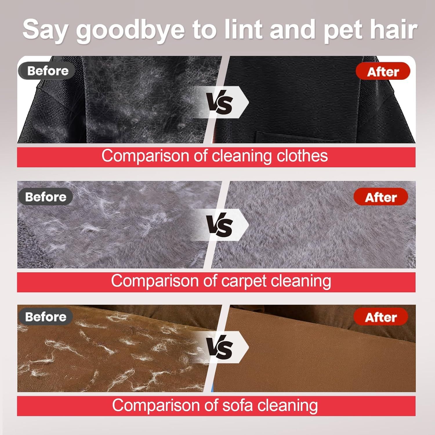 Demonstrates the product's effectiveness at removing lint and pet hair from multiple surfaces (clothes, carpet, sofa) by showing clear before-and-after transformations. Shows the product works…