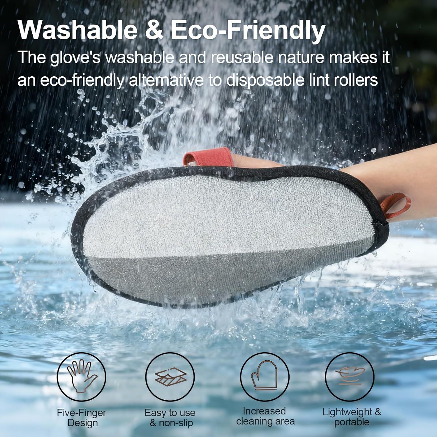 Communicates that the product is environmentally responsible by being washable and reusable, positioning it as a sustainable alternative to disposable lint rollers. Highlights multiple distinct…