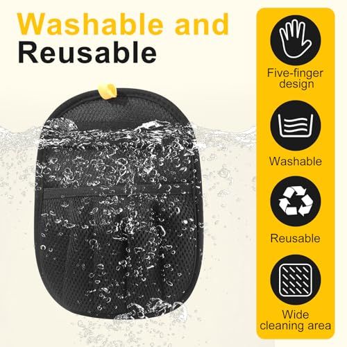 Communicates multiple key benefits of the cleaning product in a segmented layout with icons, emphasizing its washability, reusability, ergonomic design, and effective cleaning coverage.